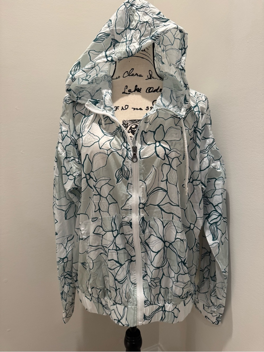 JoyLab Floral Windbreaker L White Green Hooded Lightweight Jacket